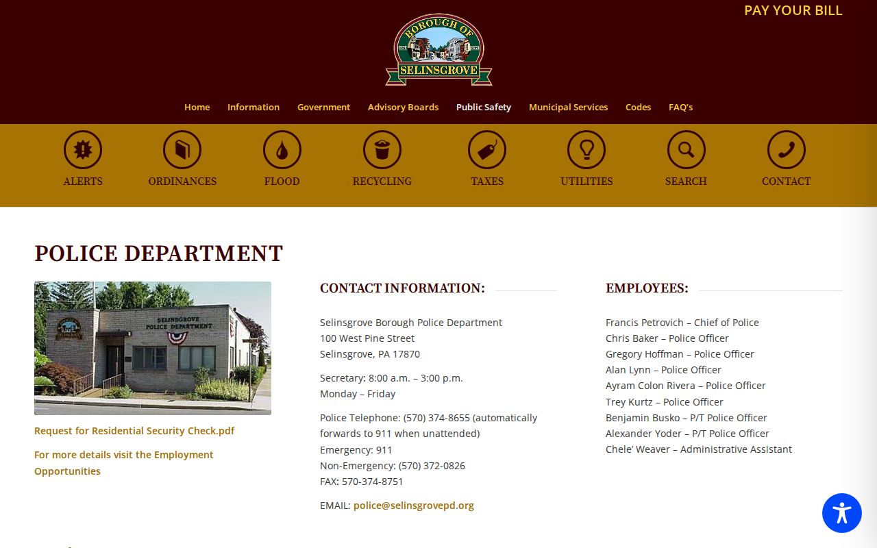 Selinsgrove police records page for arrest and booking record guidance