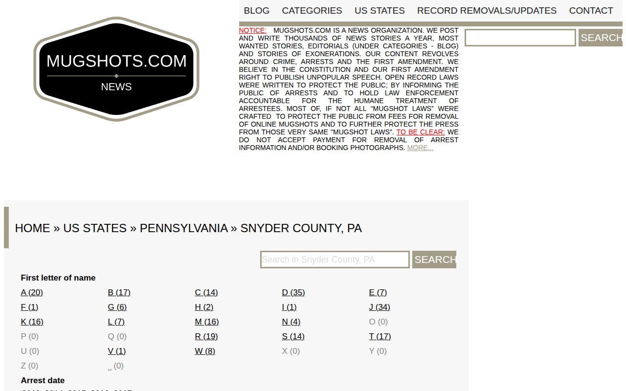 Snyder County unofficial historical mugshot aggregation page