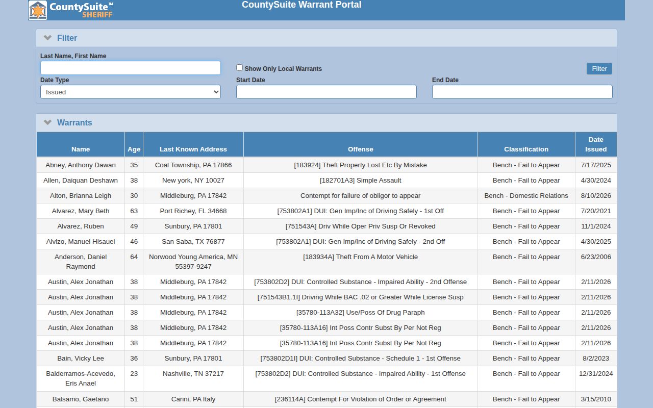 Snyder County official warrant record portal filters and table